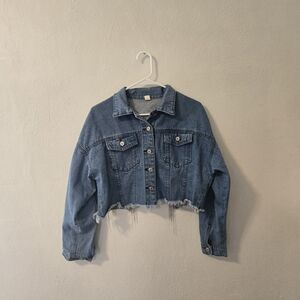 Blue Denim Rhinestone Dropplet Open Back Button Front Raw Hem Jacket